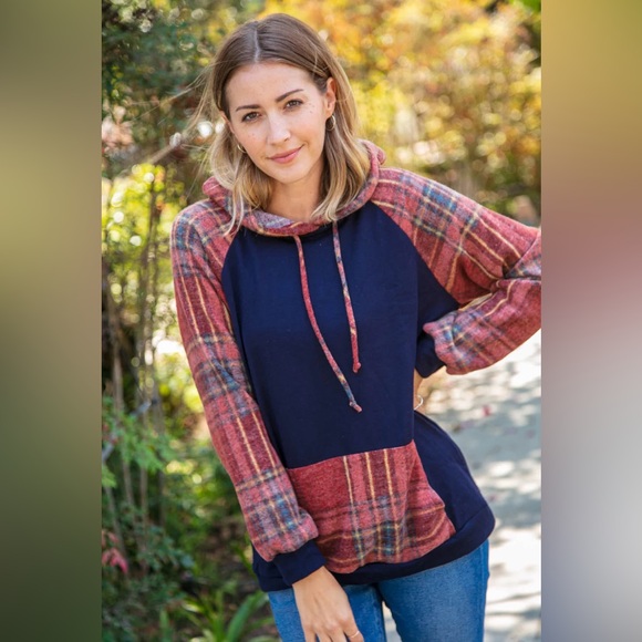 Navy Blue Cashmere Feel Fall Plaid Hooded Top, Size small - Picture 4 of 8